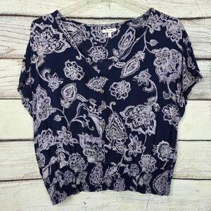 Maurices L Navy Floral Button Front Smocked Hem Top